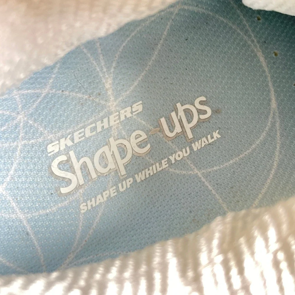Skechers Shape Ups White Leather Blue Silver Lace Up Sneakers Womens 10